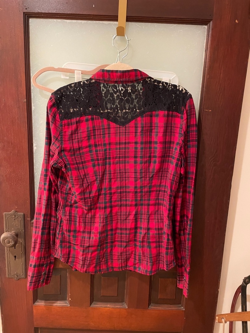 Ralph Lauren Red Plaid Button-Up Shirt with Black Lace Yoke - Picture 3 of 3